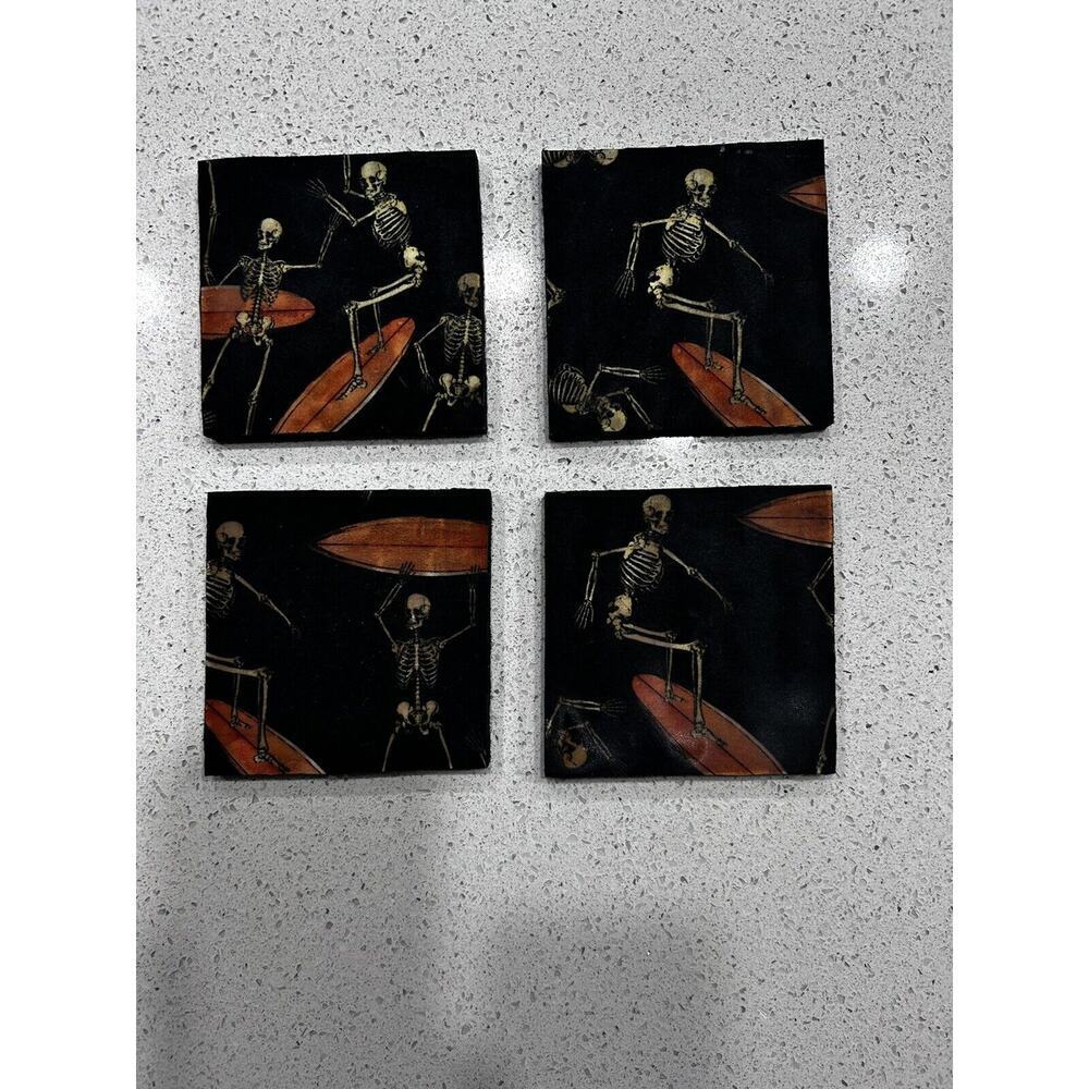 Set of 4 Handmade Coasters | Printed Fabric on Wood | Skeletons on Surfboards